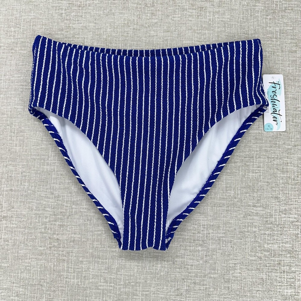 Freshwater Bikini Bottom Womens XL Blue Stripe High Waist High Leg Tummy Control